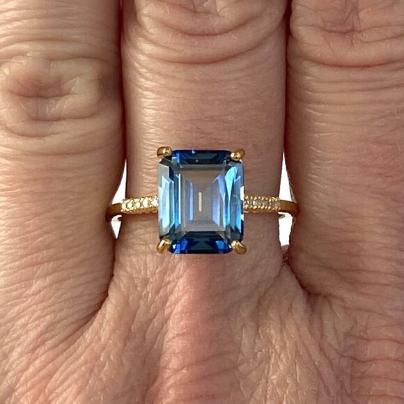 14K Gold Plated Sterling Silver 925 India Emerald Cut Blue Quartz Ring Sz 8.5 - Picture 10 of 16